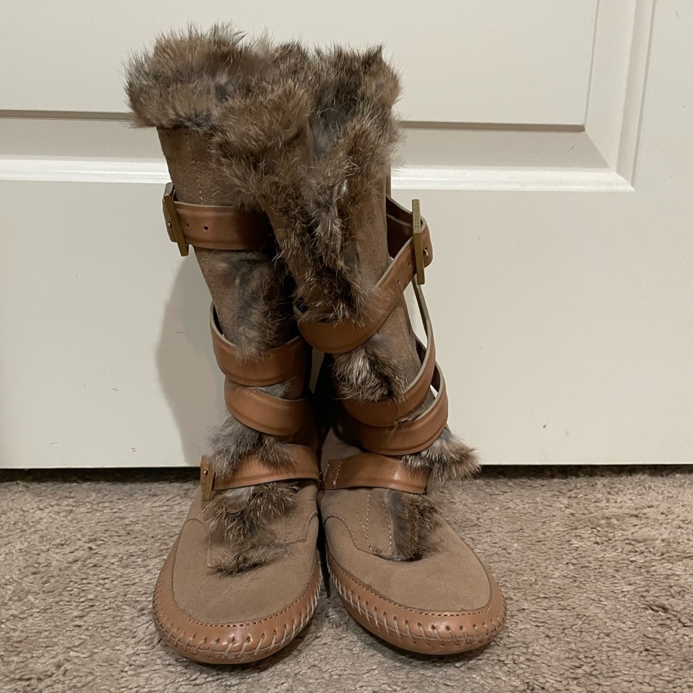 Tory Burch Jaden Genuine Rabbit Fur Lined Leather Moccasin Boots